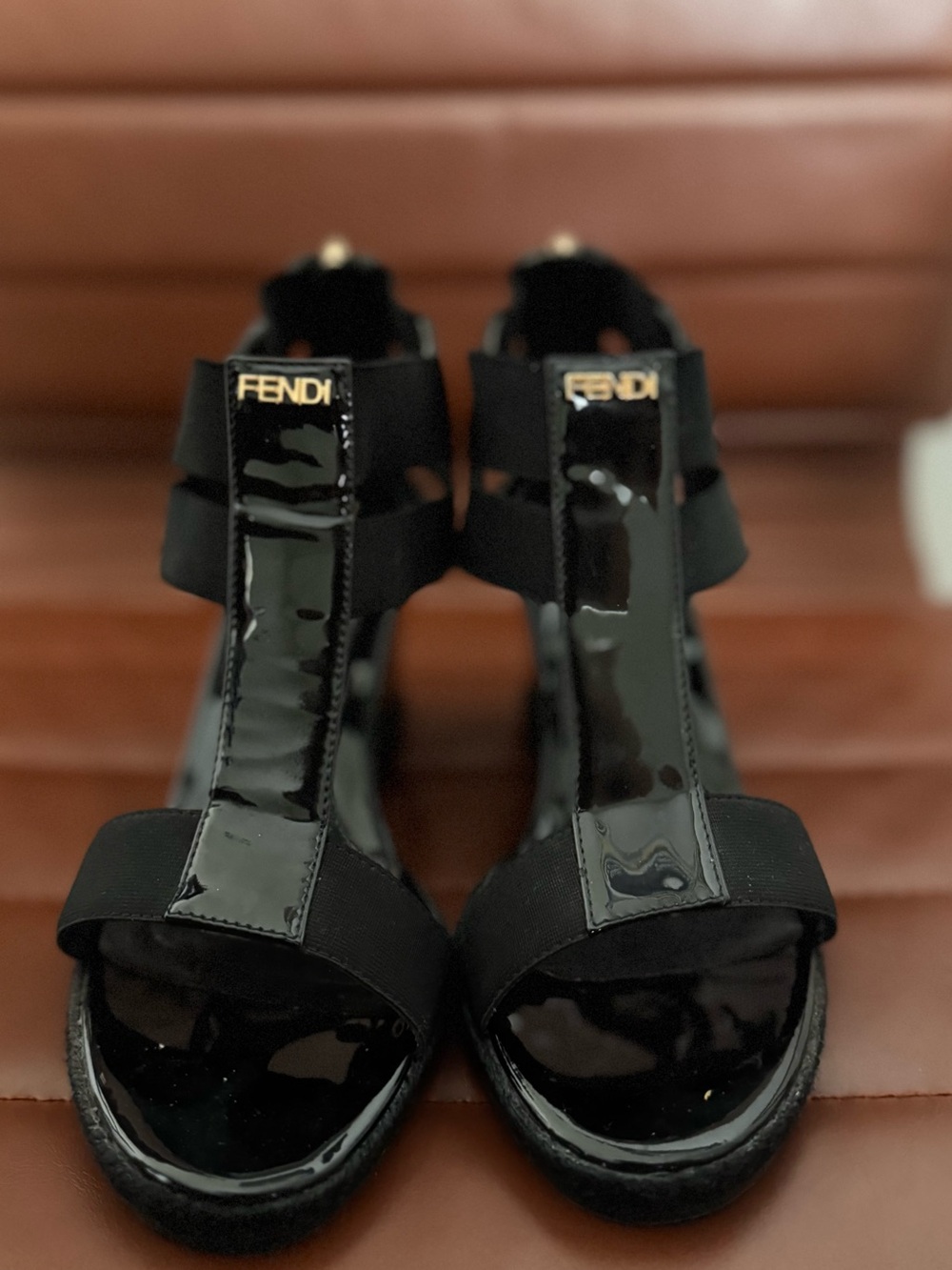 Fendi Black Patent Leather T-Strap Elastic Wedge Sandals Gold Logo 36 / 6